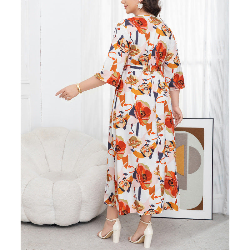 plus size cross-border new arrival  women's original elegant v-neck printed dress