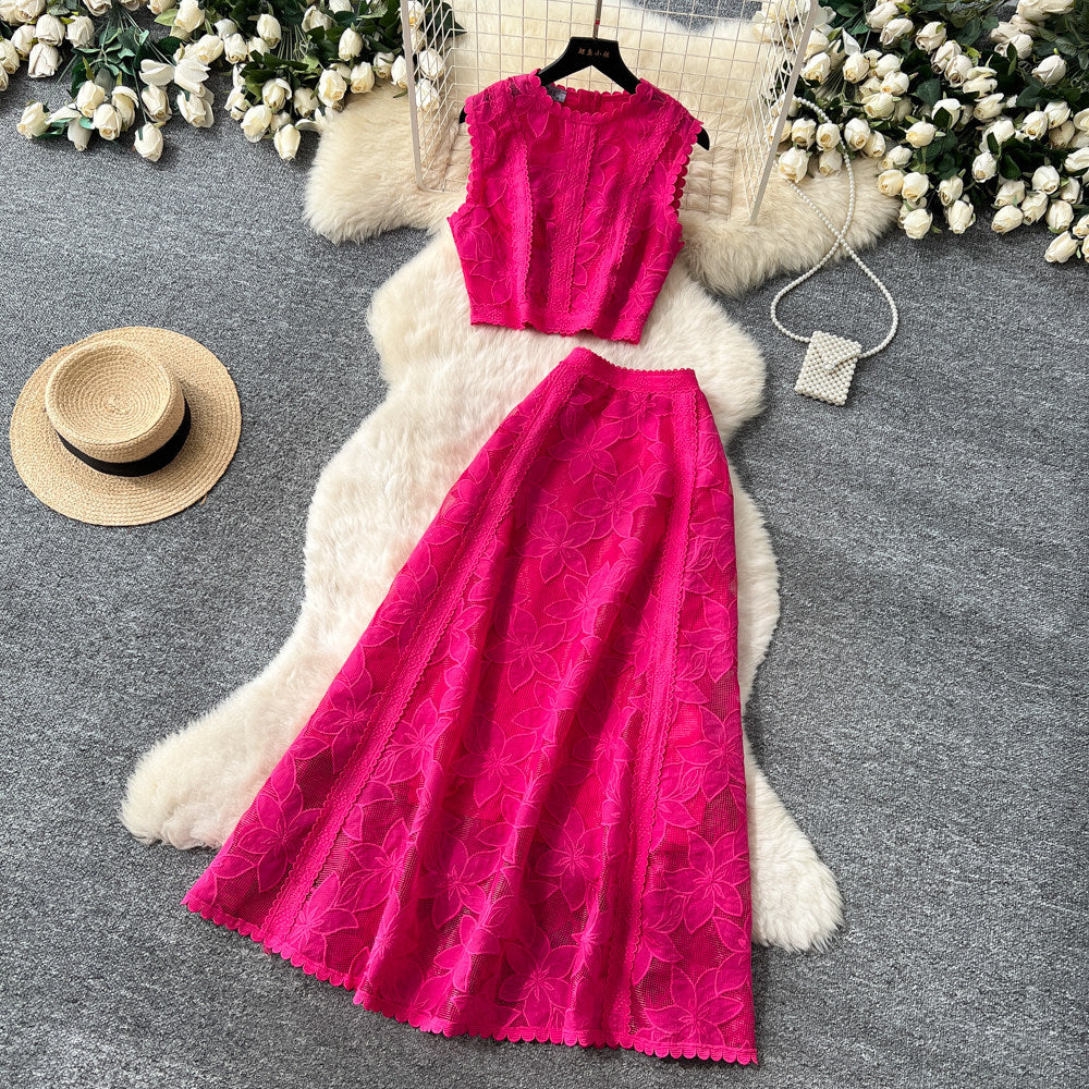 French lace cutout sleeveless two-piece set for women -  summer elegant high-end vest and midi skirt outfit