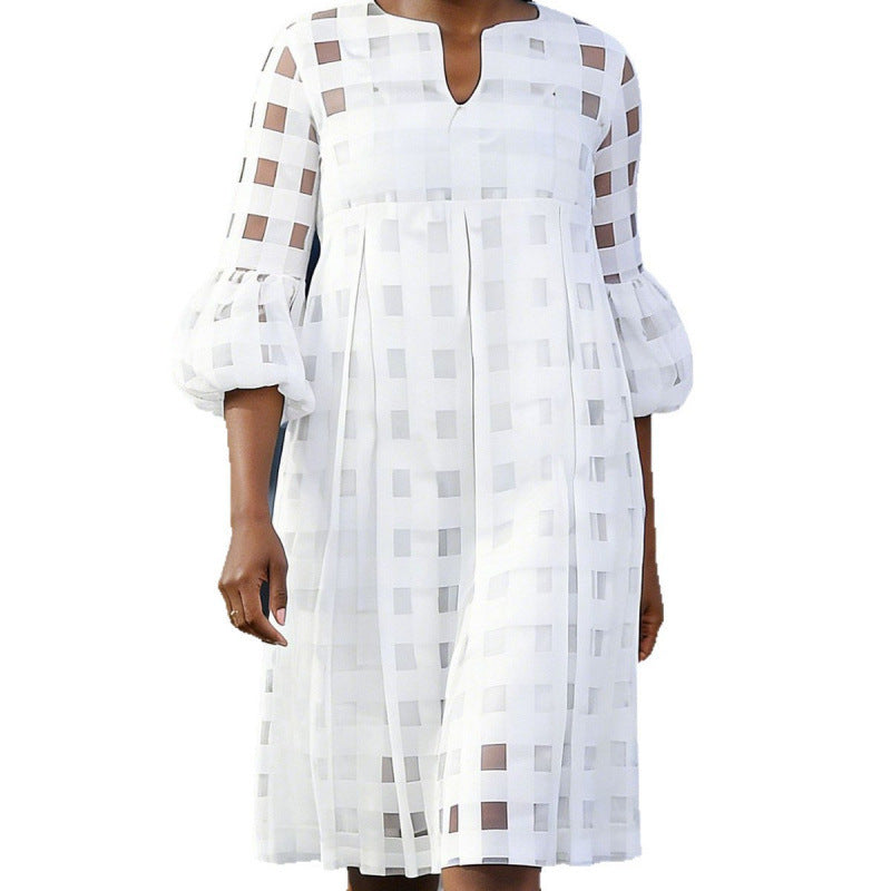 Amazon european fashion elegant plaid solid color dress women's summer new loose skirt