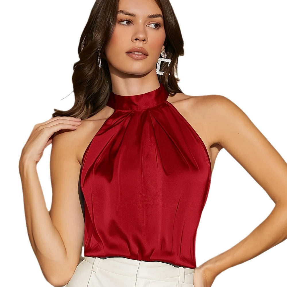 Amazon  european and american cross-border e-commerce summer new satin tank top women's solid color off-shoulder halter tie-up top
