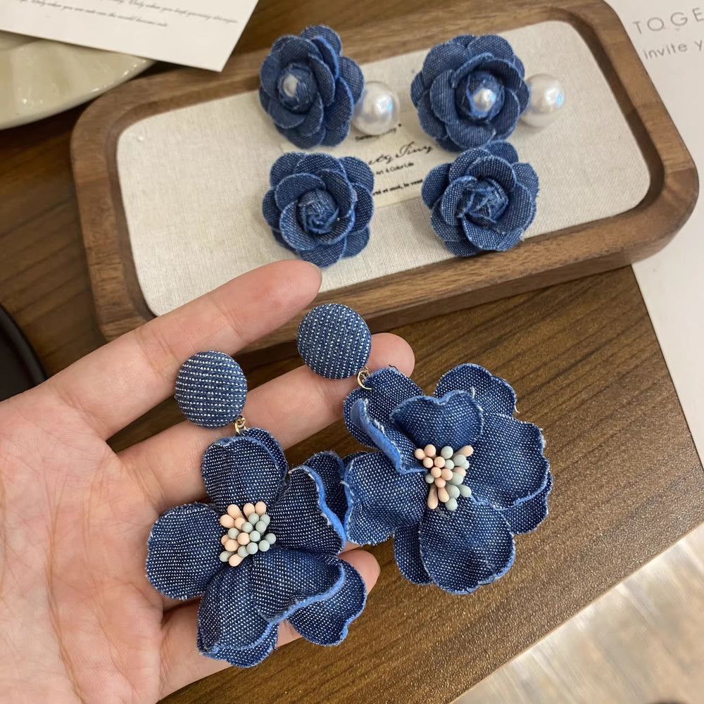 Hong kong style retro denim blue flower earrings niche style exaggerated sense of design earrings for women with square and round faces to show small faces earrings