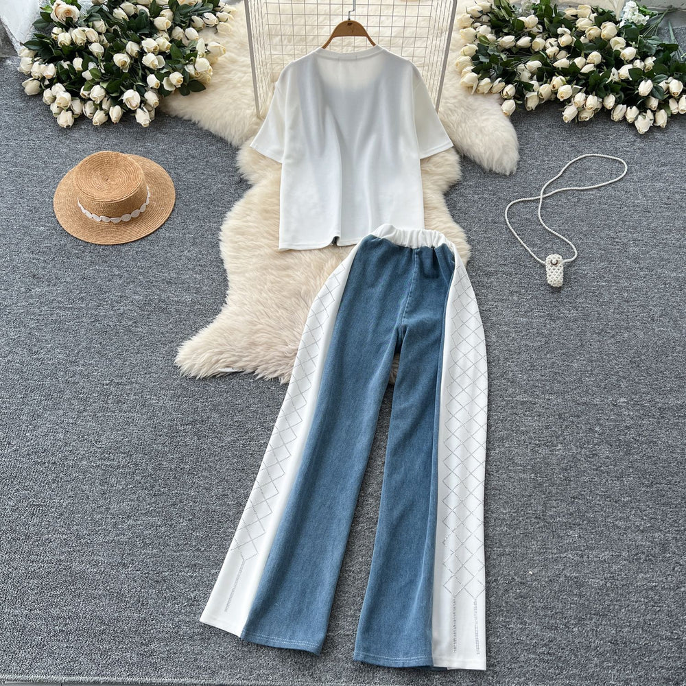 Fashionsuit women's summer hong kong style retro heavy industry hot diamond denim patchwork short sleeve topshigh waistloose straight-leg pants