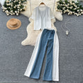 Fashionsuit women's summer hong kong style retro heavy industry hot diamond denim patchwork short sleeve topshigh waistloose straight-leg pants