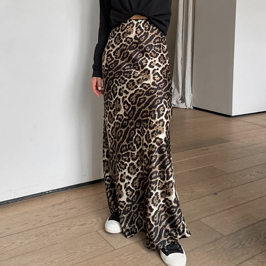 2024 autumn European and American retro leopard print skirt women's fashion high waist drape satin A-shaped dress wholesale women's clothing
