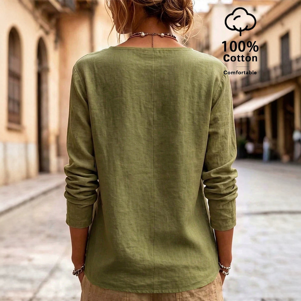 European and american style retro solid color long sleeve top with a deep v-neck and asymmetrical button design, casual loose fit cotton linen blouse