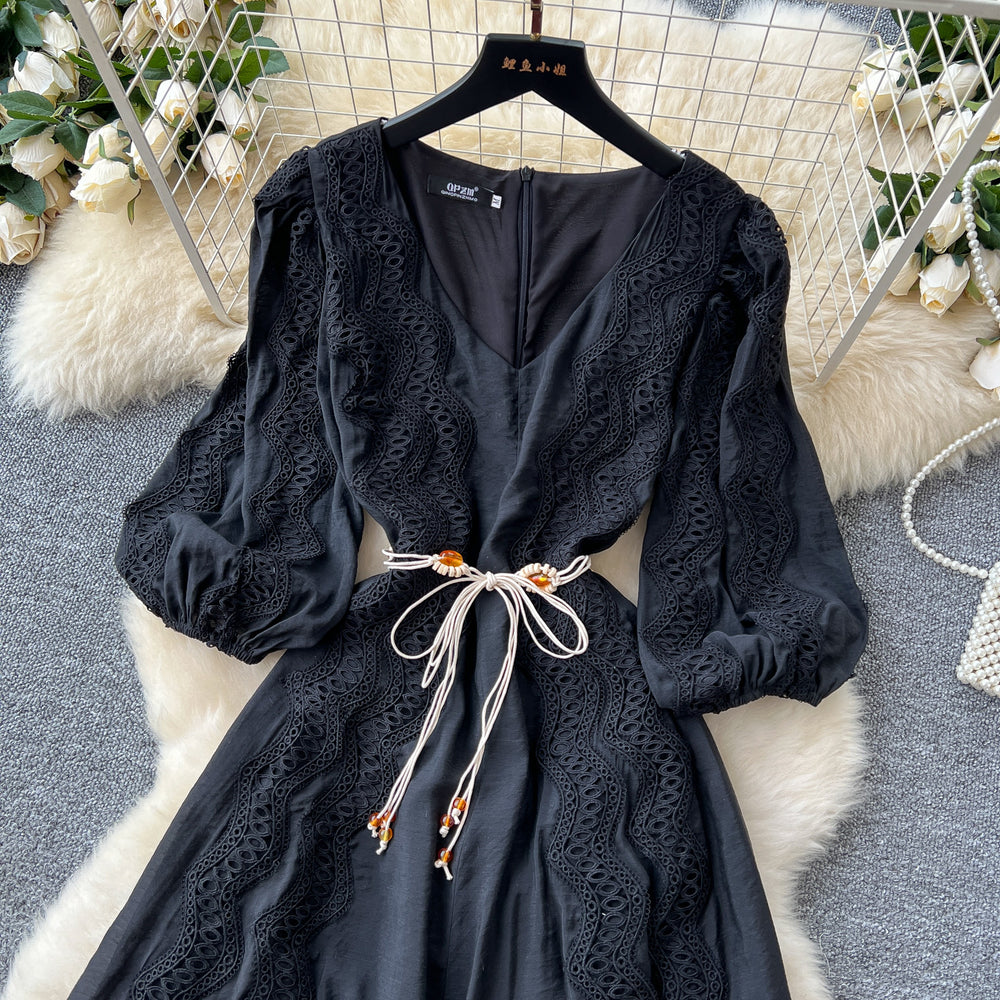 Frenchretrocut outlacepatchwork lantern sleeve slimming lookdress women's waist elegantv neckelegance midi skirt