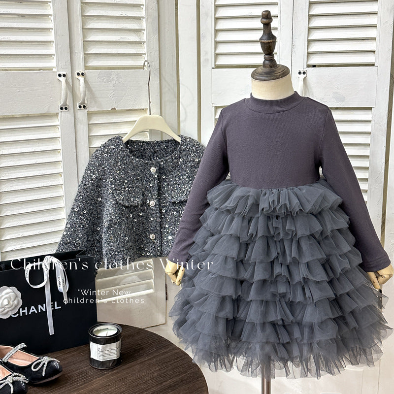 Girls' outfit set -  winter collection: stylish sequin two-piece set with quilted jacket and fleece-lined dress