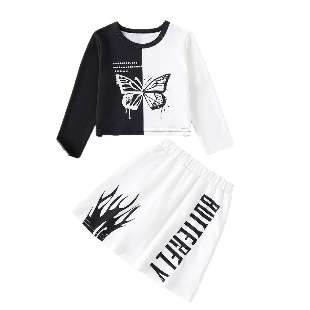 girls' sweatshirt set - black and white color block with butterfly and letter print, trendy skirt, kids' autumn two-piece outfit