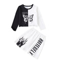 girls' sweatshirt set - black and white color block with butterfly and letter print, trendy skirt, kids' autumn two-piece outfit