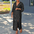 D3308 european and american plus size women's autumn new arrival loose v-neck fashion sequin slit maxi dress african plus size dress