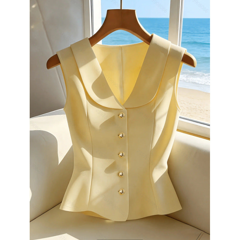 Women's summer new arrival: elegant commute style, minimalist solid color, turn-down collar, slim-fit sleeveless blouse