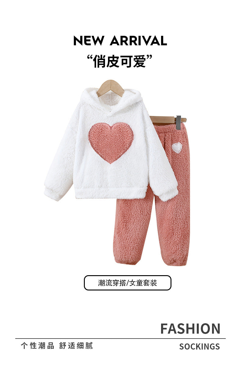 autumn/winter girls' fleece sweatshirt set - heart pattern crew neck long sleeve top - kids' warm loungewear