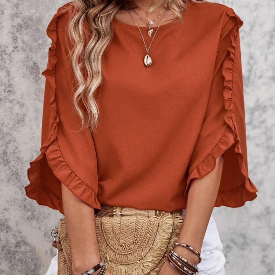 Fashion cross-border women's clothing new arrival round neck lace asymmetrical three-quarter sleeve topspure color round neck loose
