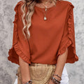 Fashion cross-border women's clothing new arrival round neck lace asymmetrical three-quarter sleeve topspure color round neck loose