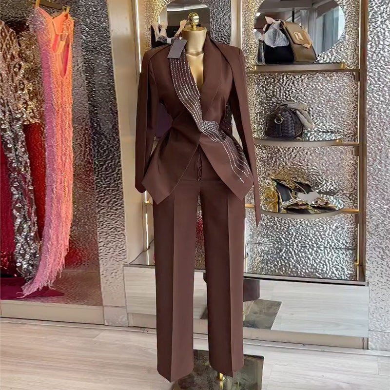European and american cross-border women's fashion  spring new arrival: elegant solid color tie-waist blazer and high-waisted pants set