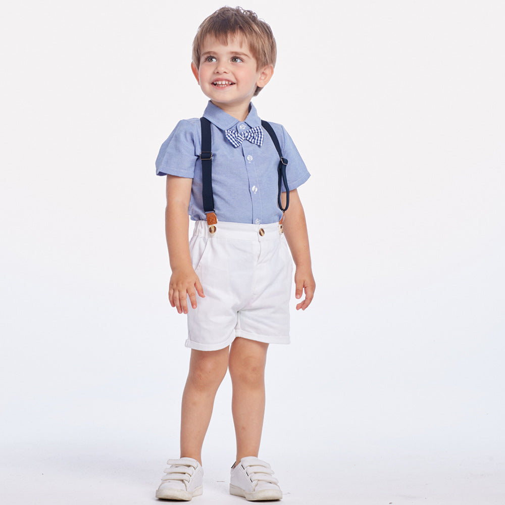 Korean style boys' short-sleeve shirt & overalls set with bow tie - gentleman's outfit for baby's first birthday