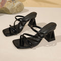 Export cross-border plus sizesummernew arrivalnormcoreelegant square toe thin strap kitten heel back hollow sandals women's two-wear slippers