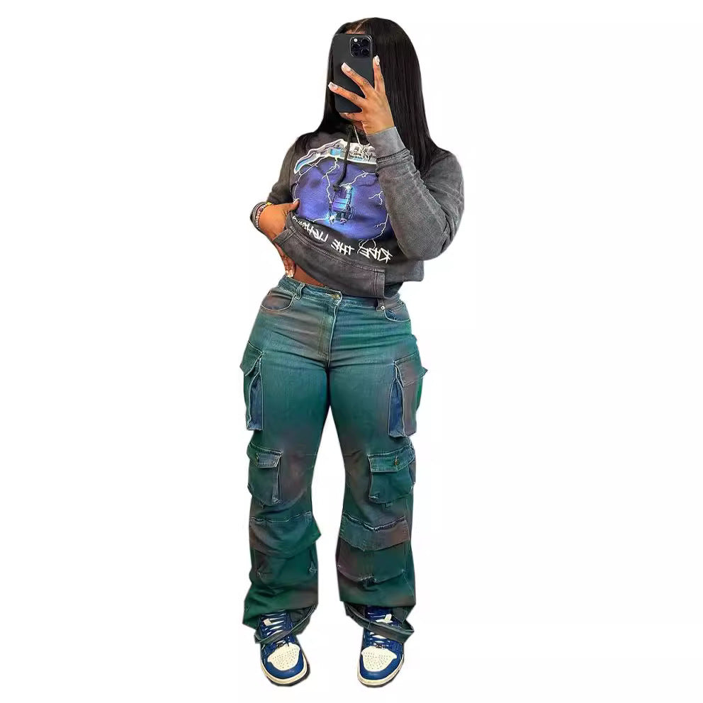 European and american style stretch denim cargo pants -  trendy, multi-pocket, loose fit, wide leg, spray-dyed straight leg work pants