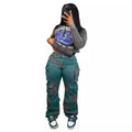 European and american style stretch denim cargo pants -  trendy, multi-pocket, loose fit, wide leg, spray-dyed straight leg work pants