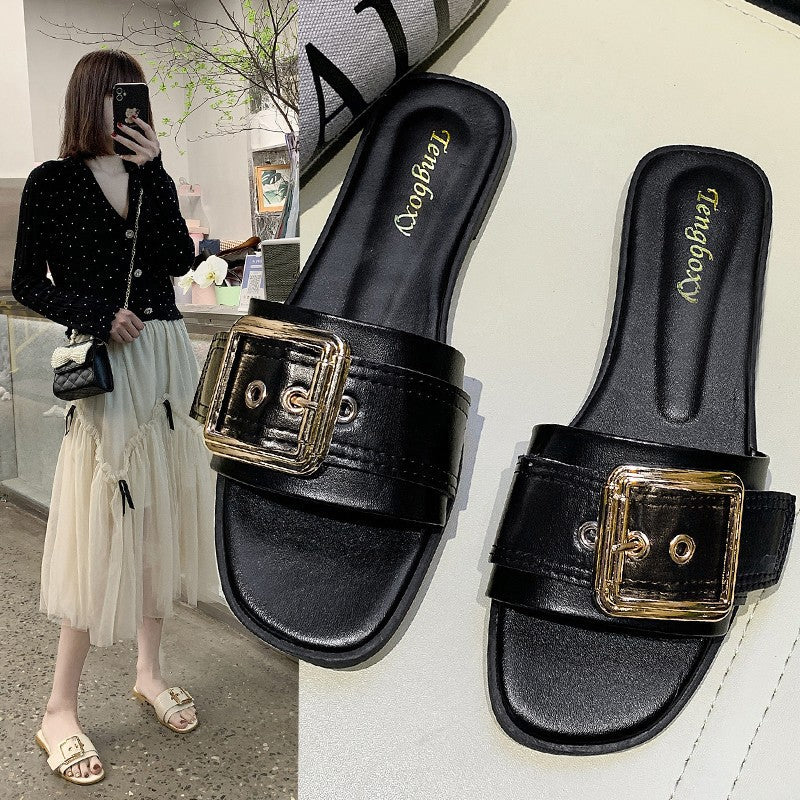 2021 slippers women's summer good buckle one-word drag women's flat sandals fashion casual wear student sandals tide