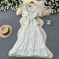 French chic lace patchwork short-sleeve dress - women's summer square neck, slimming, pleated maxi dress - elegant and refined