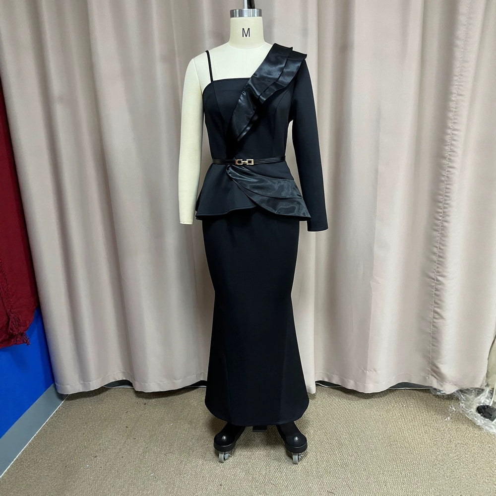 New satin patchwork one-shoulder top & slim-fit bodycon fishtail maxi skirt two-piece set