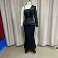 New satin patchwork one-shoulder top & slim-fit bodycon fishtail maxi skirt two-piece set