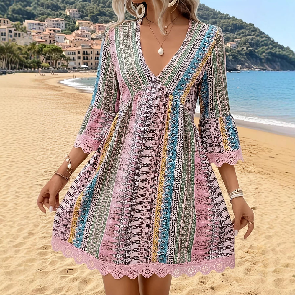 Amazon foreign trade women's loose v-neck printed european and american casual lace trim bohemian style dress