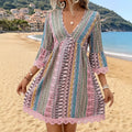 Amazon foreign trade women's loose v-neck printed european and american casual lace trim bohemian style dress