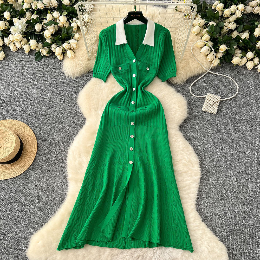 French style retro color block turn-down collar short sleeve single-breasted cinched waist inner layer knit dress - women's long knit dress