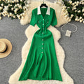 French style retro color block turn-down collar short sleeve single-breasted cinched waist inner layer knit dress - women's long knit dress