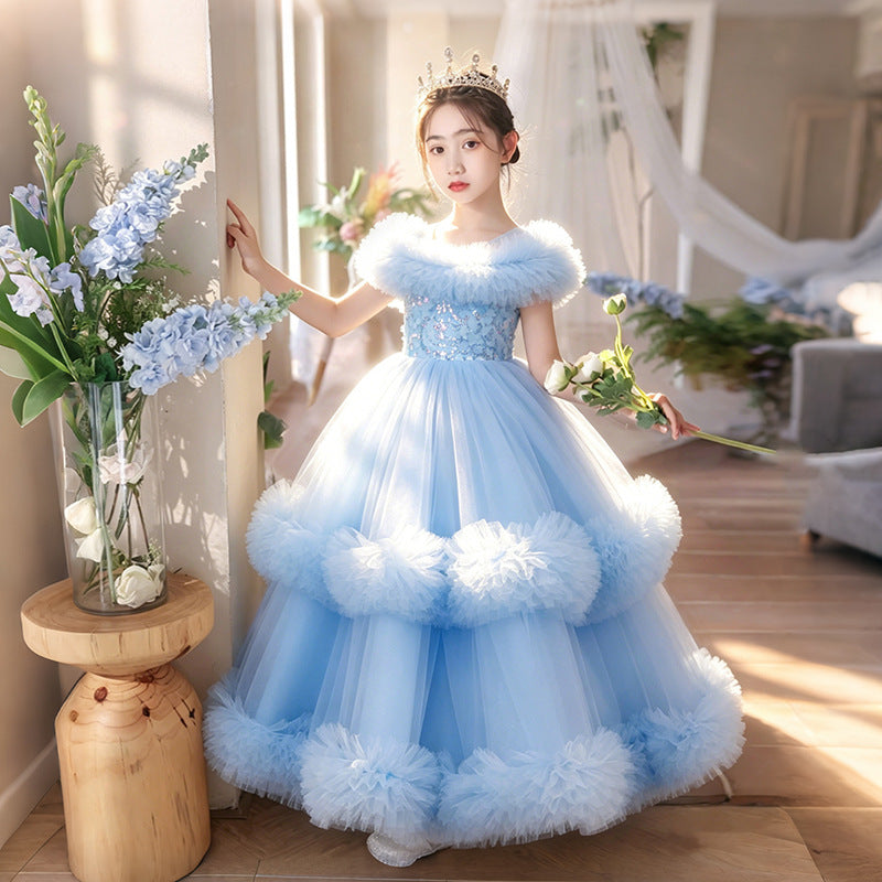 Girls' formal dress cake skirt fluffy ankle-length flower girl wedding dress runway one-shoulder children's princess gown gorgeous dress