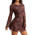 Vintage american tie-dye print flared sleeve a-line mesh mini bodycon dress - fashionable
