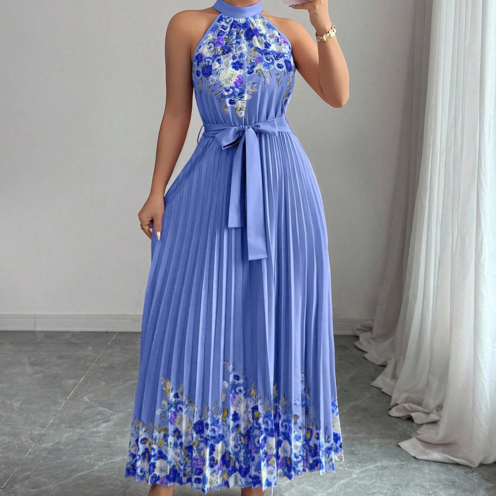 European and american cross-border women's summer  elegant halter neck tie waist floral print pleated maxi swing dress