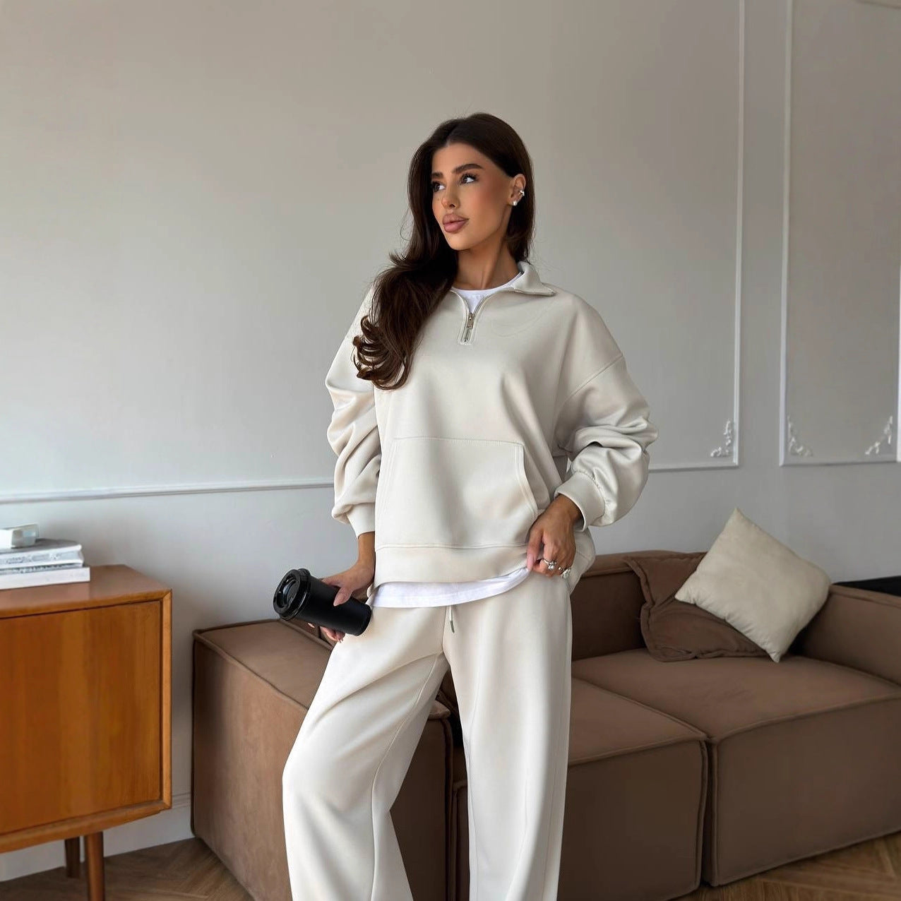 European and American  leisure women's cotton-containing set zipper lapel pullover sweater strap straight wide-leg pants two-piece set