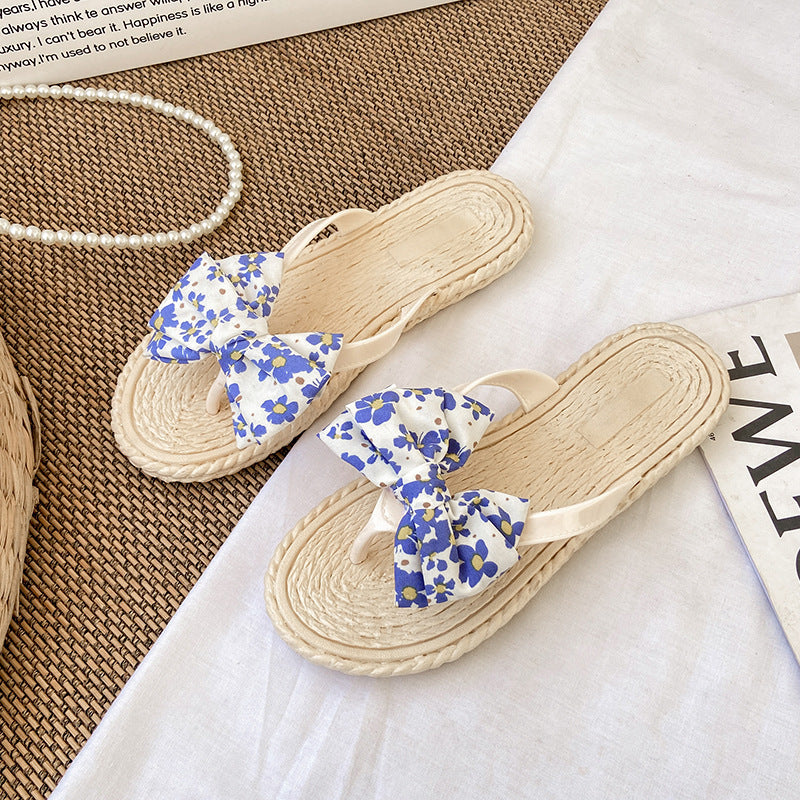 Soft bottom flip-flops for women, summer small floral bows flip-flops, non-slip flats indoor home sandals for women