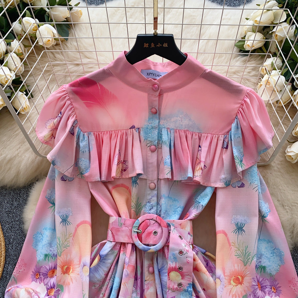 spring export fashion elegancerufflestie back waist printinglong sleeves a-line dress palace style skirt