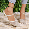 New pointed-toe mesh mules with mid-heel for women, 2026 summer collection, plus size available, stiletto heel, breathable sequin closed-toe slippers, ready to ship
