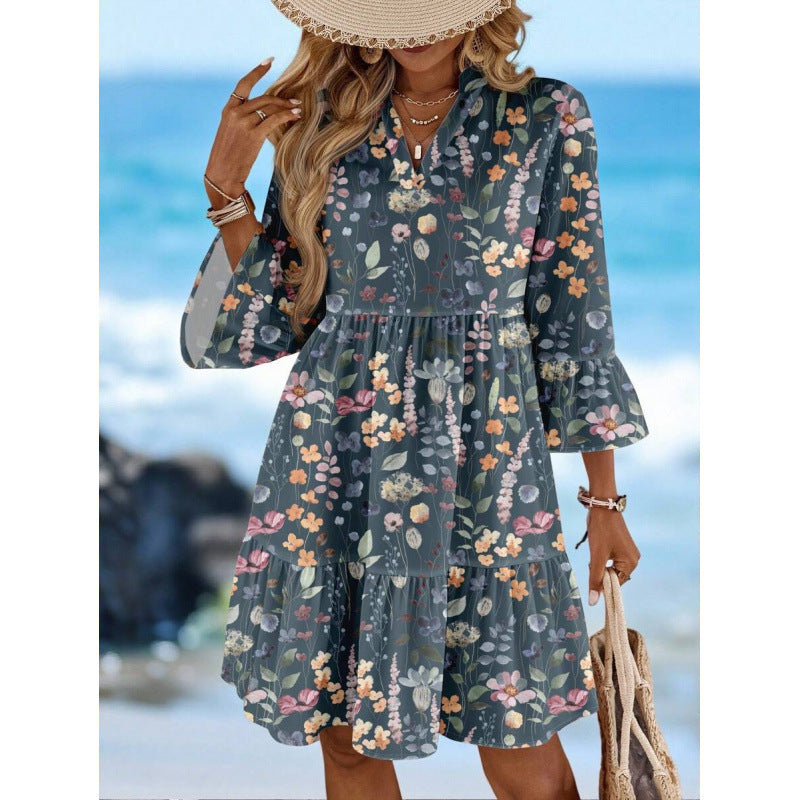 Amazon summer european style casual minimalist elegant bohemian romantic vacation v-neck dress for women