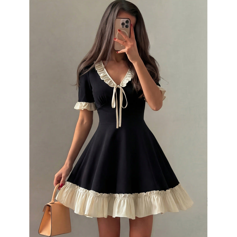 Women's summer new arrival: elegant and romantic color block v-neck ruffle trim tie-waist a-line mini dress