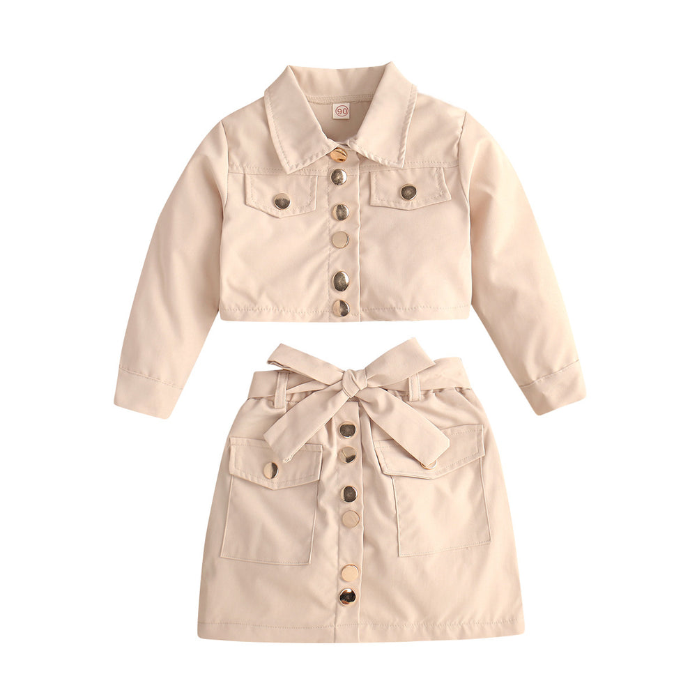 european and american girls' spring/autumn long-sleeved cropped jacket top + bow a-line skirt set - cross-border fashion