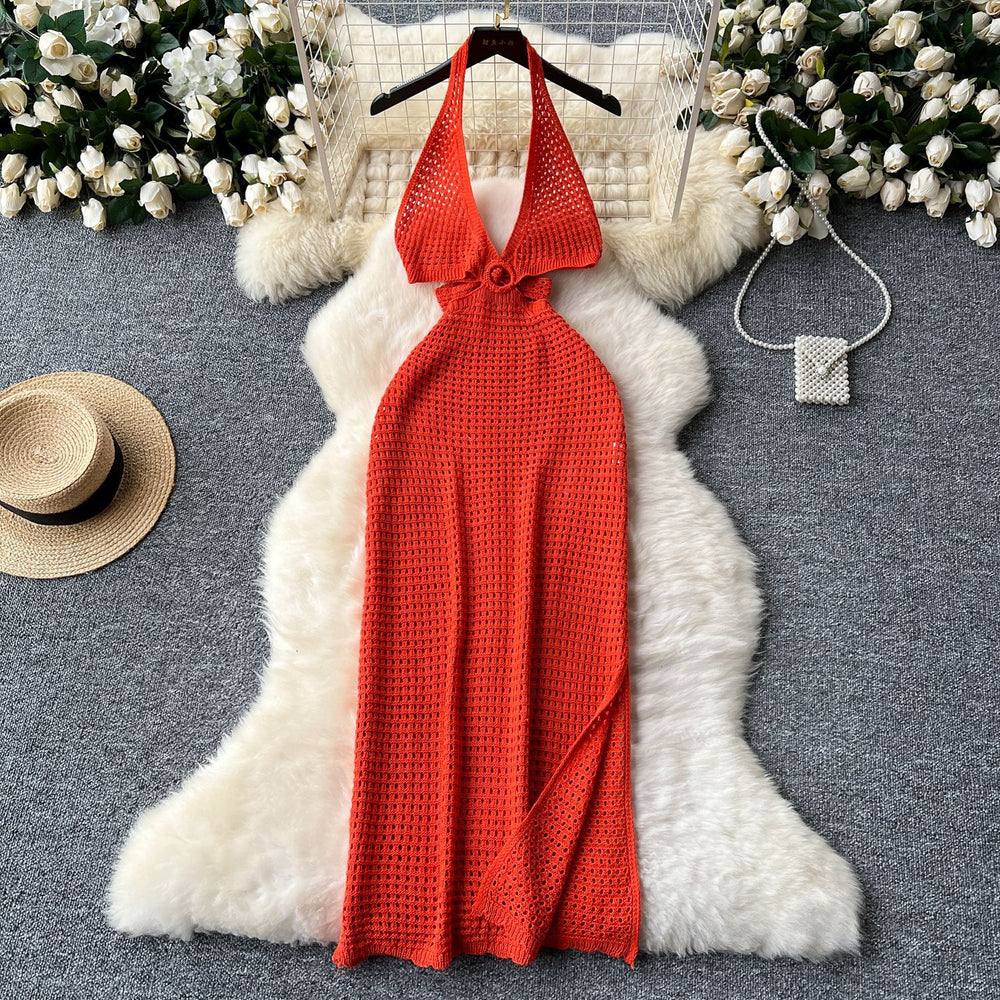 European and american hot girl style halter neck cami dress - women's summer v-neck cutout slit backless design - pure & sultry maxi dress