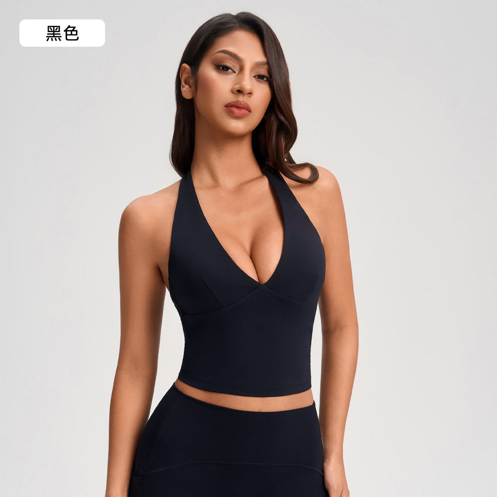 Deep v neckhalter style vest female sexyshortbackless free bra fitness yoga wear topsyg-1006