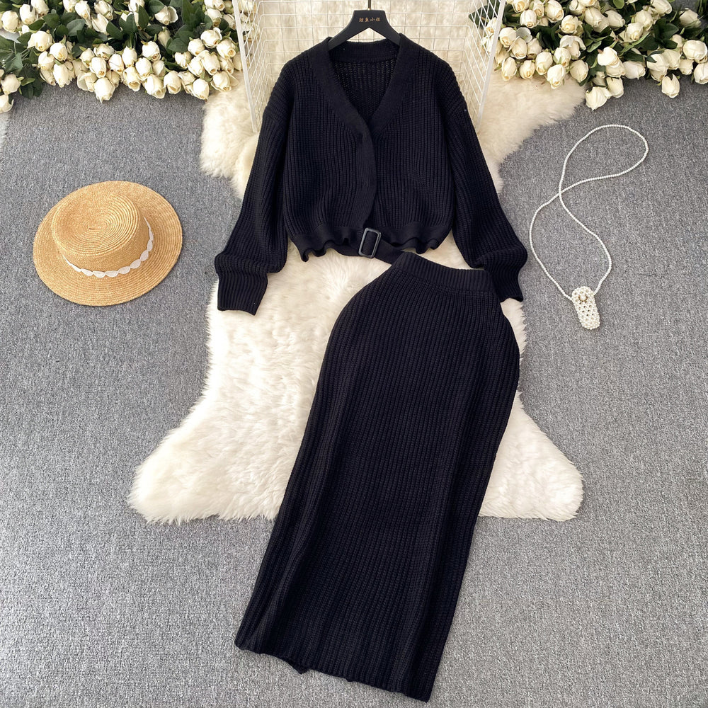 French chic knit set: effortless luxury for women - autumn/winter loose fit long sleeve top + high-waisted midi skirt