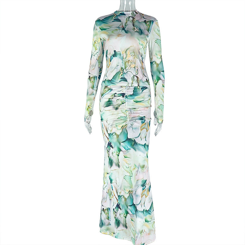 Fashion style cross-border printed waist wrap silm skirt suit pleated long skirt high collar trendy two-piece set casualwork clothing women's clothing