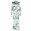 Fashion style cross-border printed waist wrap silm skirt suit pleated long skirt high collar trendy two-piece set casualwork clothing women's clothing