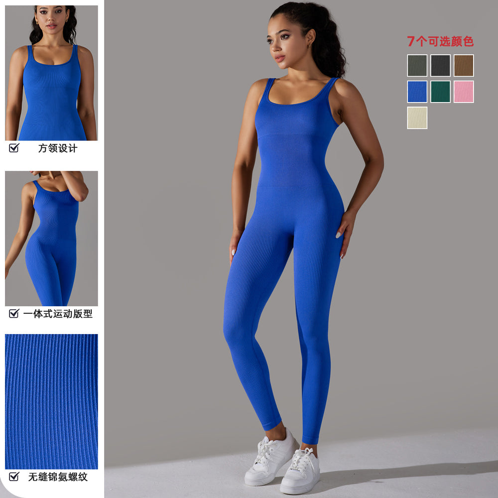 seamless knitting threaded pure color tight flat collar jumpsuit sports running fitness yoga wear one-piece suit