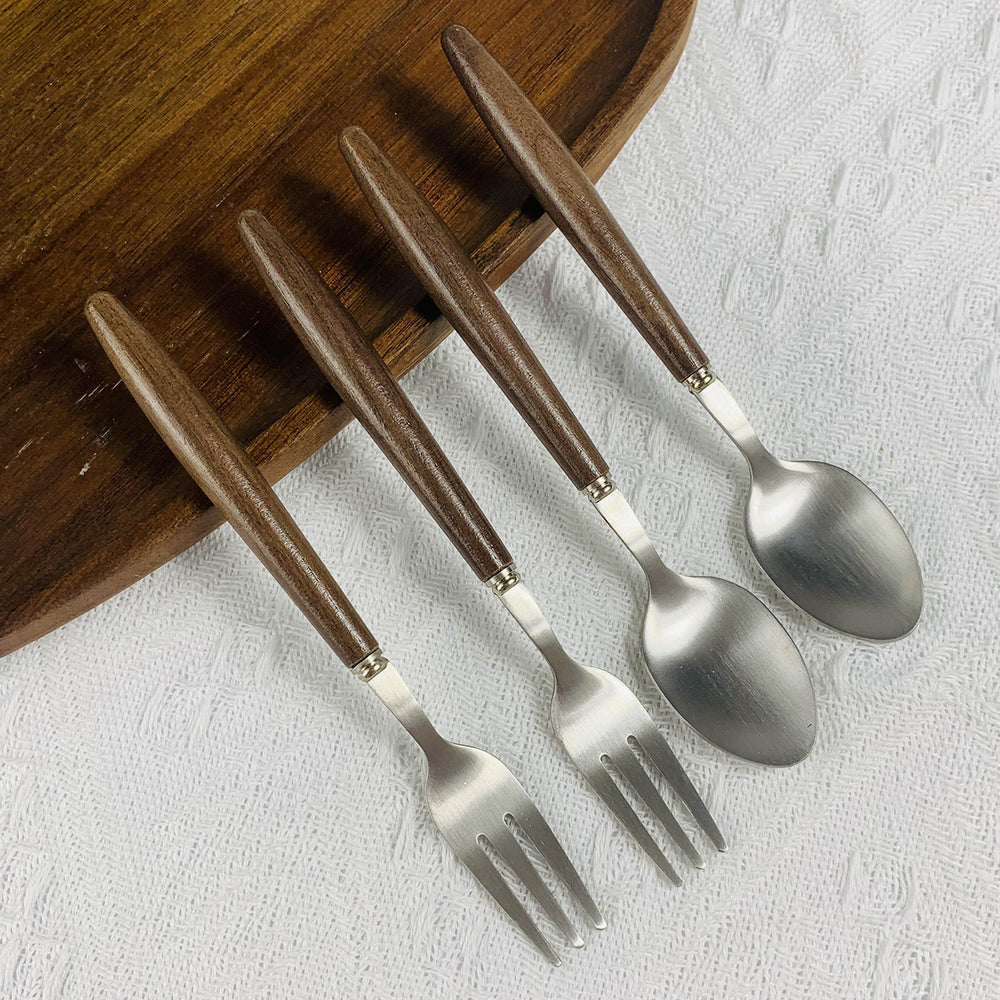 Walnut stainless steel dessert fork coffee spoon set - premium cutlery for home use - cake, fruit, and dessert forks with wooden handles