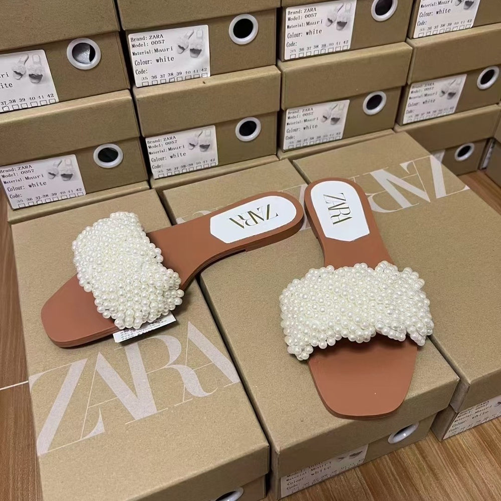 2024 summer new women's shoes: faux pearl embellished mules, low heel open toe, versatile casual beach sandals