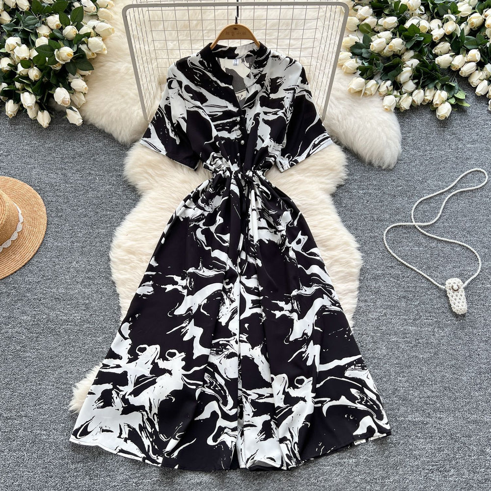 Frenchretrosense of design strappy waist short-sleeved printingdress women's summerslimming lookelegant large swing long skirt